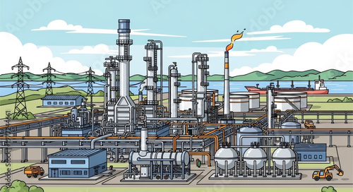 Complex Industrial Plant with Towers and Storage Tanks Illustration.