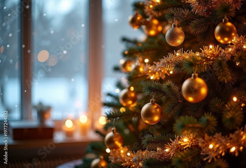 Festive Christmas tree with warm glowing lights and golden ornaments, soft bokeh snow falling outside window, cozy living room, hyper-realistic textures, 4K sharp focus