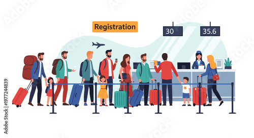 Travelers of all ages wait in a long queue at an airport registration desk to check in for their upcoming flights.