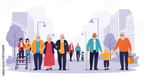 Active group of senior citizens enjoys a walk through a purple-toned city park accompanied by children and mobility aids.