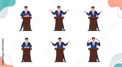 Male politician or public speaker is depicted in six different poses behind a podium expressing various states of mind.