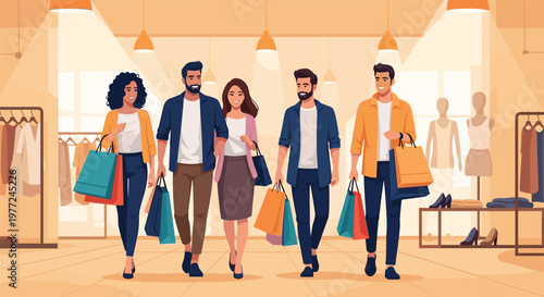 Group of five friends happily walks through a modern clothing store carrying various colorful shopping bags together.