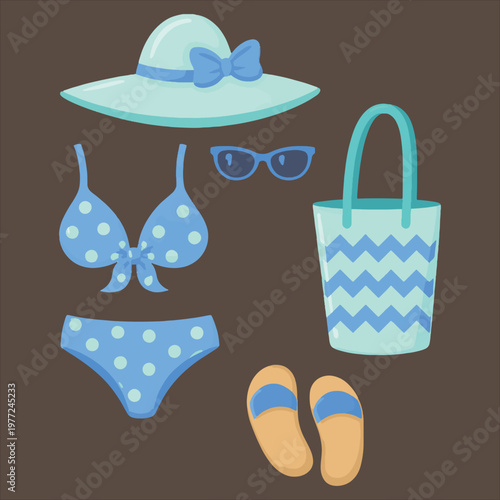 A collection of summer beach essentials including swimwear hat and sandals