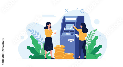Two women interact with an automated teller machine to manage their finances amidst stacks of gold coins and plants.