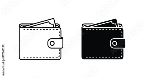 Two wallet icons one outlined and one filled in a simple style silhouette