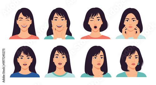 Character set displays a young woman expressing eight different facial emotions from happiness to shock and boredom.