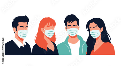 Group of diverse young adults wearing protective medical face masks as a safety measure during a health crisis or pandemic situation.