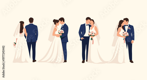 Collection of romantic wedding couple poses featuring a bride in a white gown and a groom in a navy blue suit for various ceremony themes.