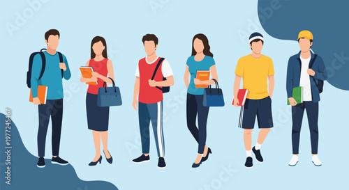 Group of diverse college students standing together with books and backpacks ready for a new academic semester on a blue abstract background.