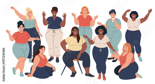 Diverse group of body positive women of different sizes and ethnicities celebrating together in comfortable casual wear with joyful expressions.