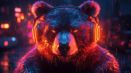 Bear with headphones in urban night scene