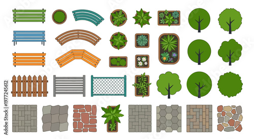 Aerial view collection of park elements benches trees and landscaping
