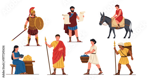 Set of historical characters representing ancient Roman or Greek society including soldiers, scholars, merchants, and common citizens.