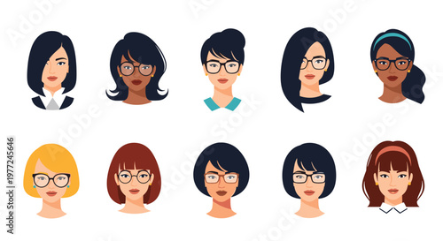 Extensive collection of female avatar icons with various hairstyles, skin tones, and modern eyewear styles suitable for profile pictures.