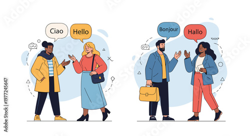 Diverse group of people from different cultures greeting each other in various languages like hello, ciao, bonjour, and hallo in speech bubbles.