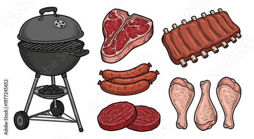 Barbecue grill with various cuts of meat and sausage illustration
