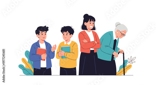 Illustrated progression of life stages showing young boys growing into a young woman and eventually an elderly woman with a walking cane.