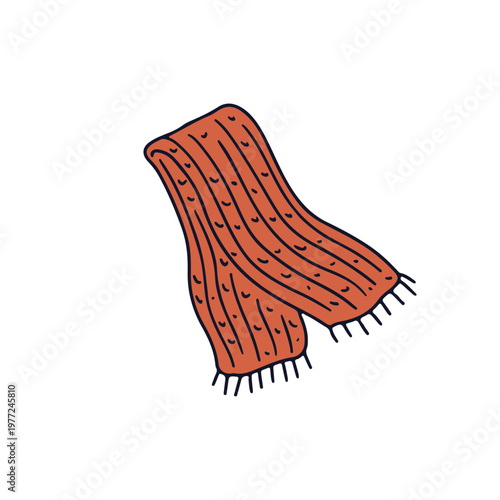 Hand drawn doodle knitted scarf icon. Line art woolen knitwear drawing
