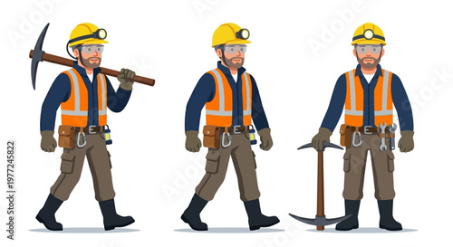 Three cartoon miners with tools wearing safety helmets and vests