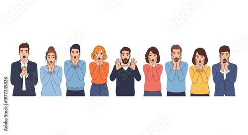 Row of diverse men and women with wide eyes and open mouths expressing intense shock, surprise, or amazement in a flat vector illustration style.