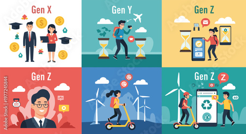 Informative infographic panels contrasting the lifestyle and technology habits of Generation X, Generation Y, and the environmentally conscious Gen Z.