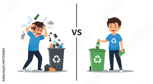 Educational comparison showing the difference between a child throwing trash on the floor versus a responsible child recycling in a green bin.