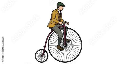 Billede på lærred A gentleman rides a vintage high wheel bicycle illustrated in color
