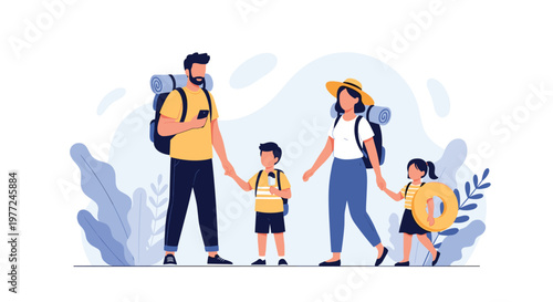 Happy family of four with backpacks and hiking gear prepared for an outdoor adventure or camping trip against a soft blue abstract background.
