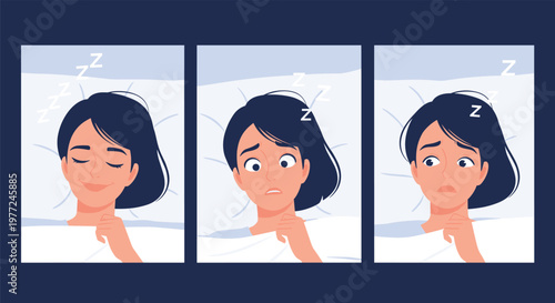 Sequence of three panels showing a woman's transition from peaceful sleep to waking up with expressions of worry and psychological anxiety.