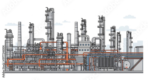 Detailed Illustration of an Industrial Oil Refinery Complex with Intricate Piping.