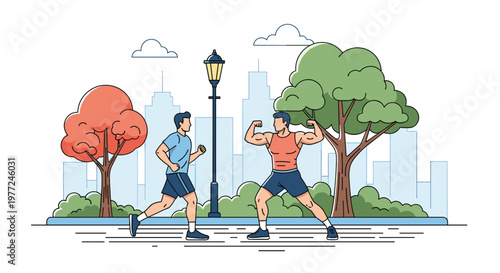 Two athletic men exercising in a city park with one man jogging and the other showing off his muscles in a tank top near trees and a lamp post.