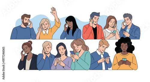 Large collection of diverse individuals using mobile technology for various activities like talking, texting, and browsing on their smartphones.