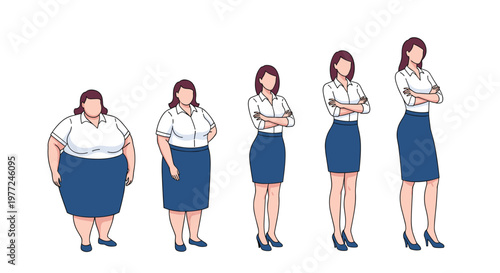 Progressive sequence showing a woman's weight loss journey or body transformation across five stages from plus size to a fit silhouette.