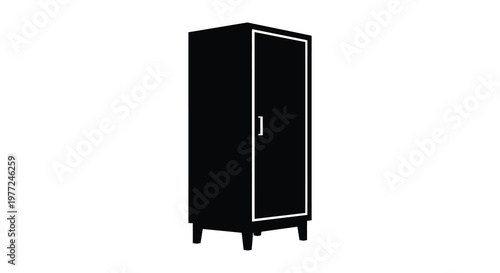 A minimalist black wardrobe stands prominently against a white background silhouette