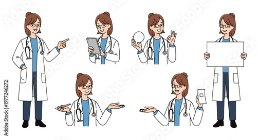 Series of character poses showing a professional female doctor in a white lab coat using a tablet and gesturing for healthcare.
