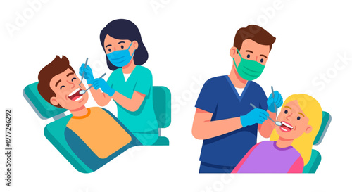 Two dentists provide checkups to young patients in dental chairs