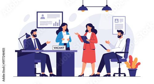 Professional office environment with a group of colleagues working and a sign indicating a vacant position for hire.