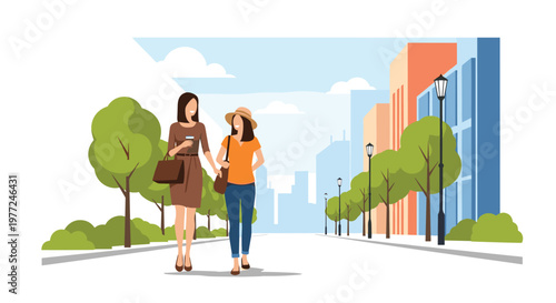 Two young women walking together down a sunny city street with green trees and tall buildings in the background.