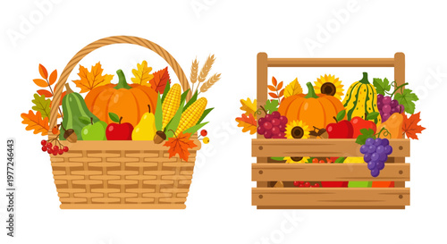 Abundant autumn harvest displayed in a basket and wooden crate