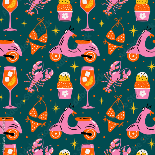 Euro Summer vector seamless pattern with illustration of europian lifestyle, cocktail, retro scooter and lobster, ice cream in playful cartoon funky groovy doodle style for travel blog 