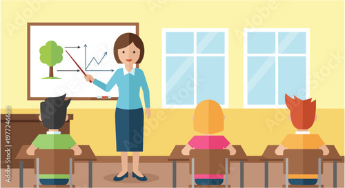 Female teacher explaining graph to students in classroom in cartoon style in bright colorful lighting for education
