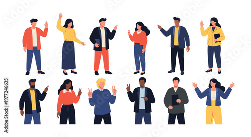 Collection of twelve diverse people in various casual and professional outfits standing in different active poses.