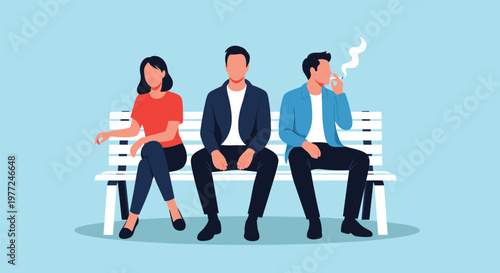 Three people sitting together on a white park bench with one man smoking a cigarette while the others appear uncomfortable.