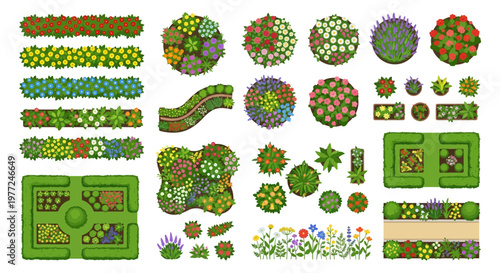 Aerial view of colorful flowerbeds and garden landscaping elements