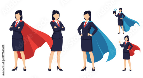 Group of professional business women wearing superhero capes to represent female empowerment and strong leadership.