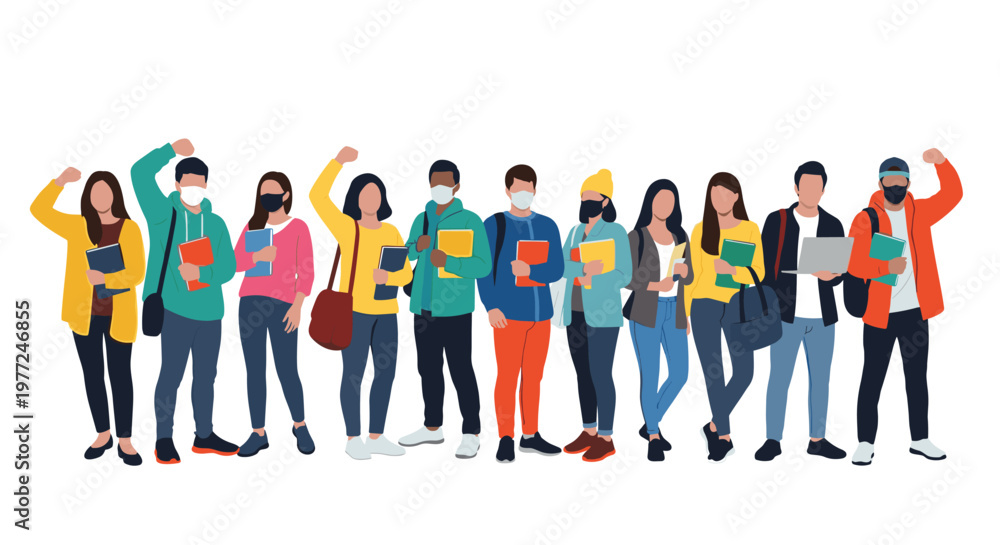 Obraz premium Group of diverse college students wearing protective masks and holding books and laptops while returning to campus.