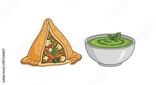 Samosa and bowl of green soup.