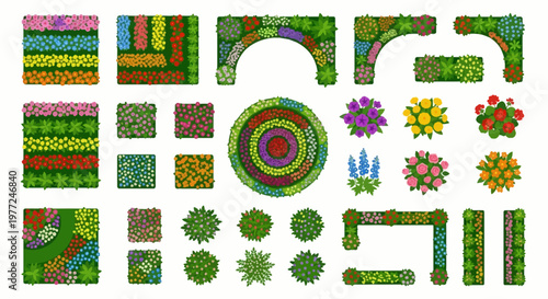 Collection of colorful top down views of various flowerbed designs