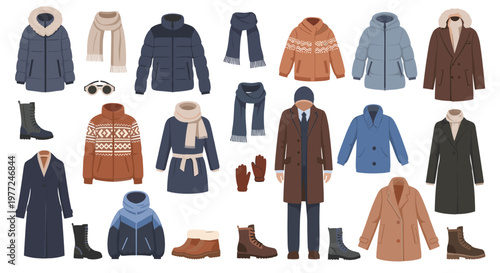 Large collection of winter clothing items including warm coats, jackets, scarves, gloves, and boots for cold weather.