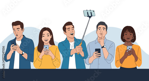 Diverse group of young people with different facial expressions using their mobile phones and taking selfie with a stick.